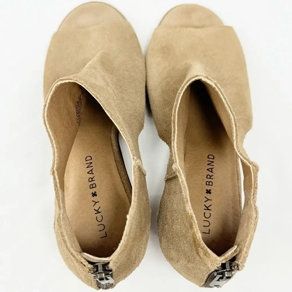 Lucky Brand KEIGHT Tan Suede Keyhole Open Toe Block Heel Ankle Sandal Bootie